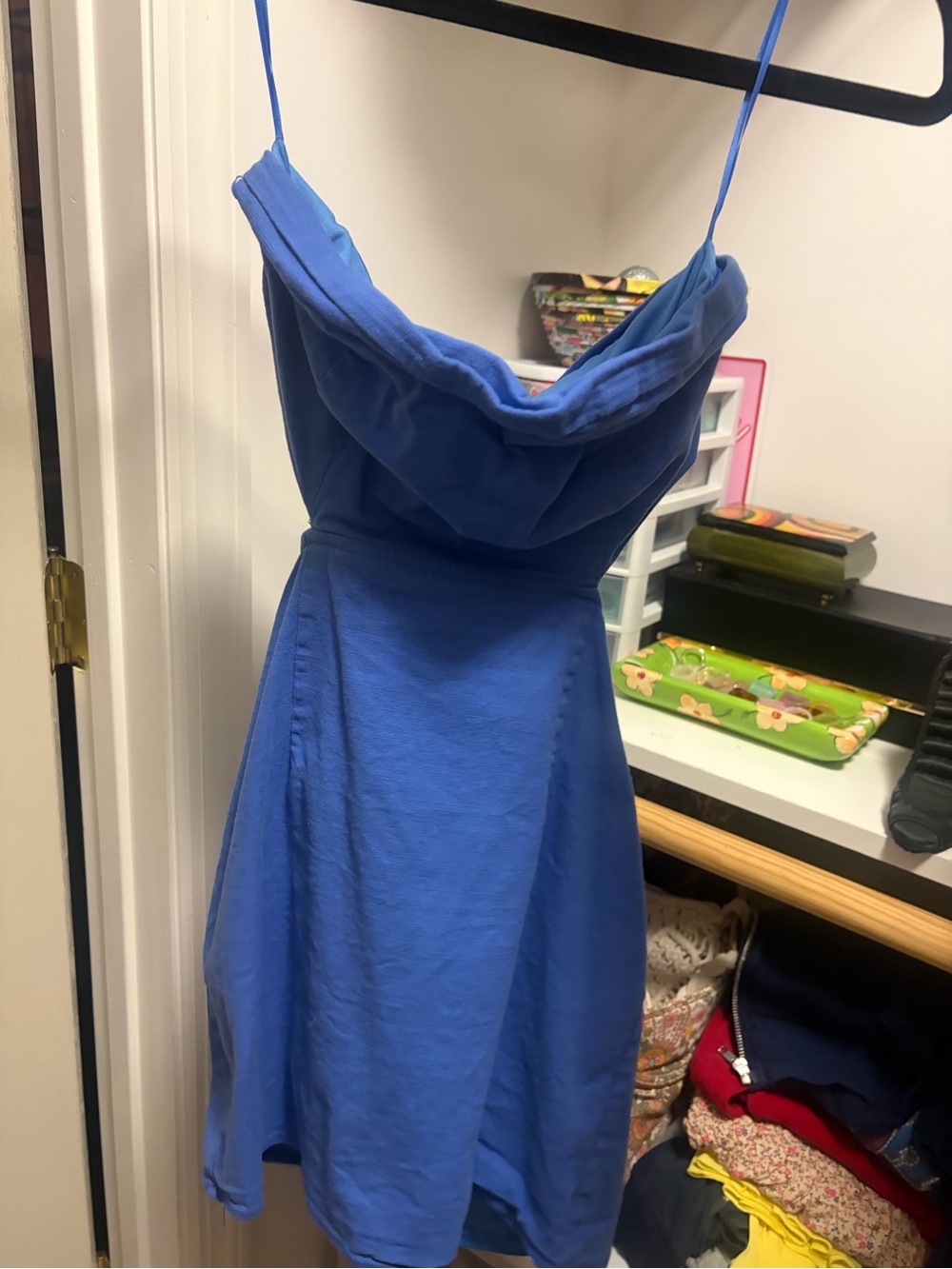 Blue Spaghetti-Strap Cowl Neck Dress